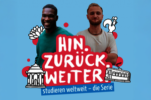 Zwei Studenten im Hintergrund, davor ein Text: Hin, Zurück, Weiter.