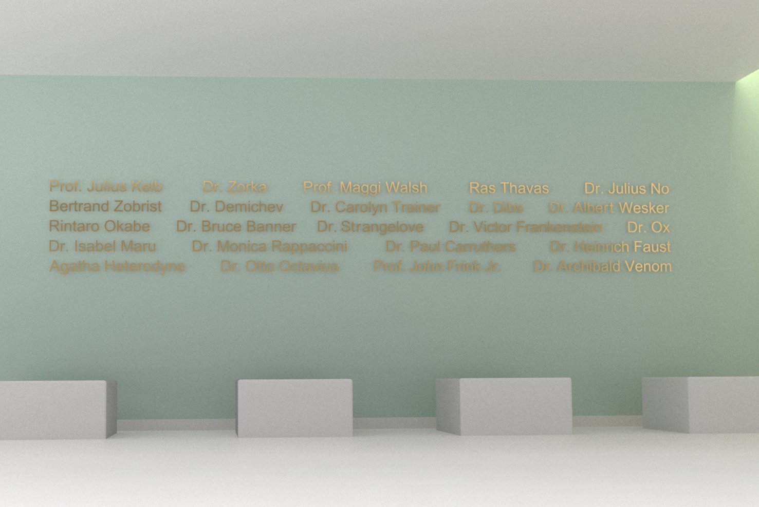 Auf einer hell-türkis gestrichenen Wand sind in goldener Schrift Namen angebracht, davor befinden sich quaderförmige Sitzelemente