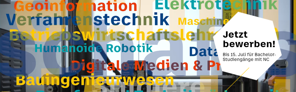 Text: Jetzt bewerben bis 15. Juli für Bachelorstudiengänge mit NC, im Hintergrund Collage von Namen der BHT-Studiengänge