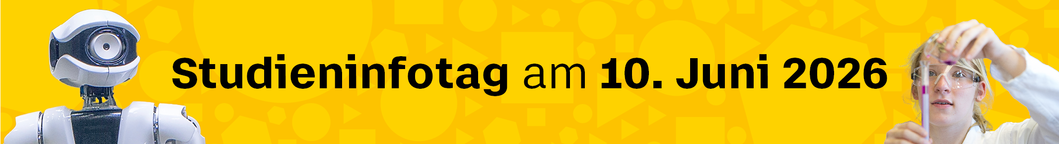 Humanoider Roboter Myon blickt zur Seite, Frau in Laborkittel mit Schutzbrille gießt Flüssigkeit von einem Reagenzglas in ein anderes, Text: Studieninfotag am 3. Juni 2025