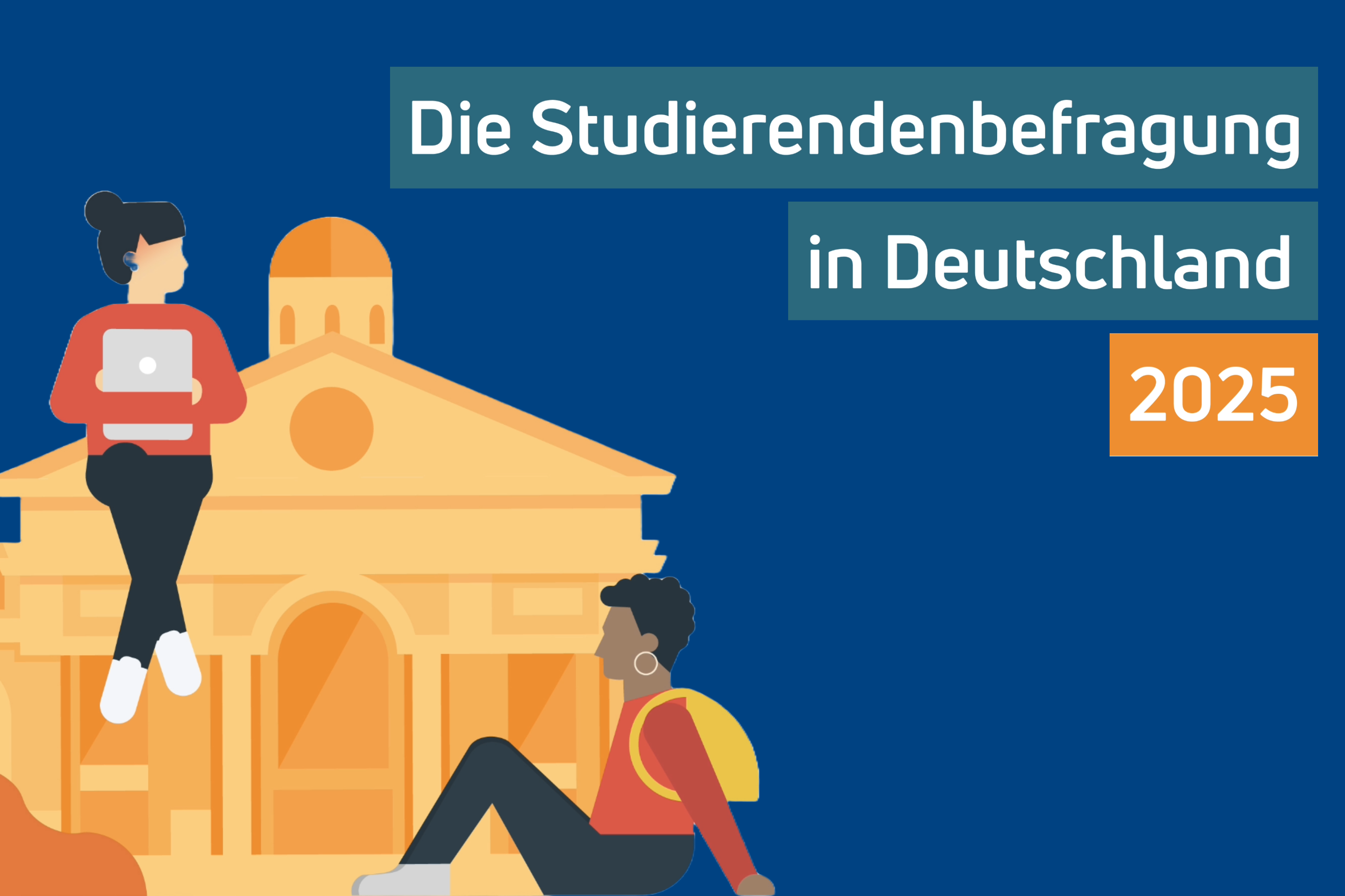 Illustration zeigt zwei Studierende mit Laptop bzw. Rucksack vor klassischem Uni-Gebäude, Text: Die Studierendenbefragung in Deutschland 2025
