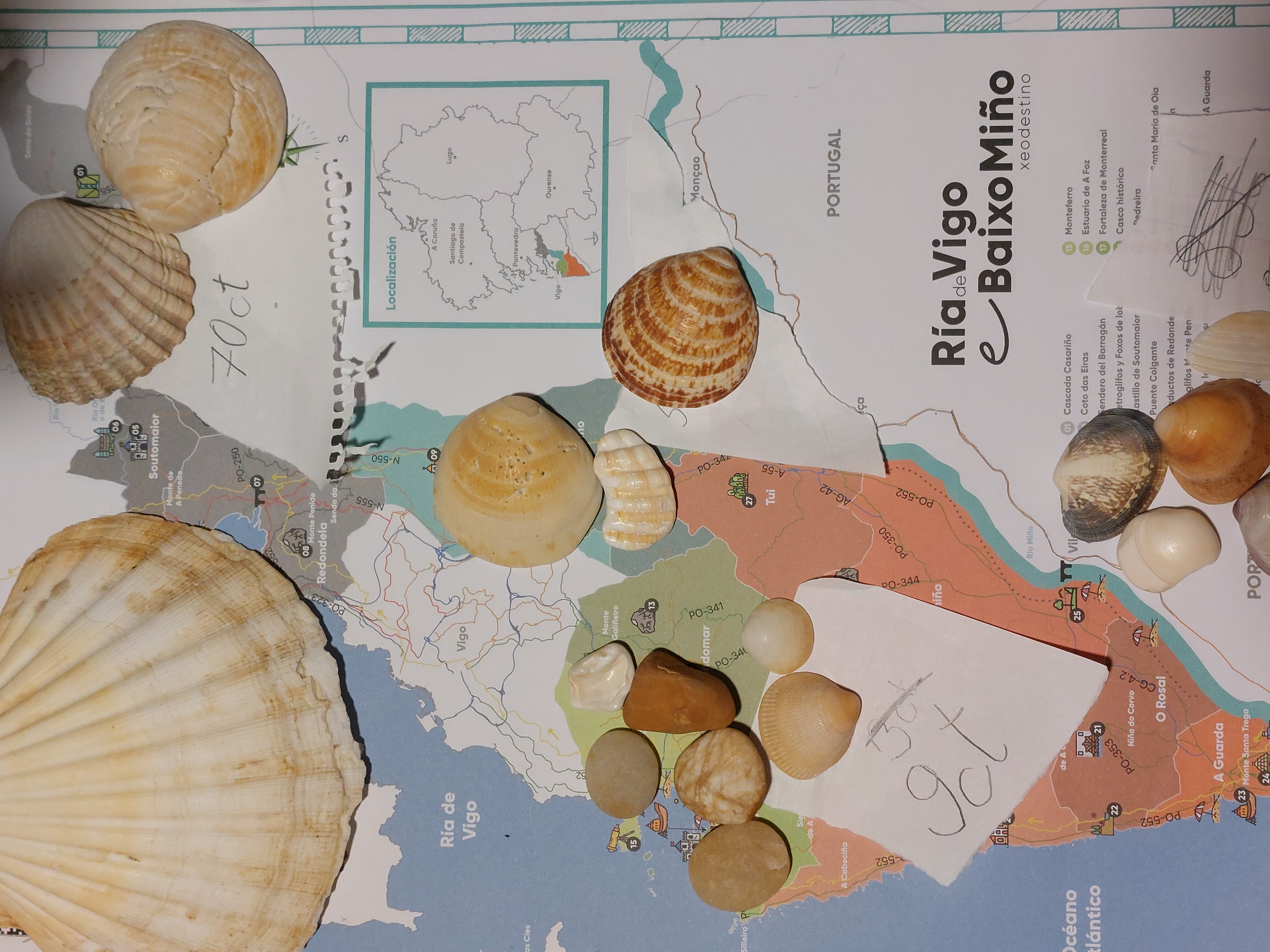 Sammlung von Muscheln und Steinen, die auf einer Karte von Portugal liegen und mit Preisschildchen versehen sind