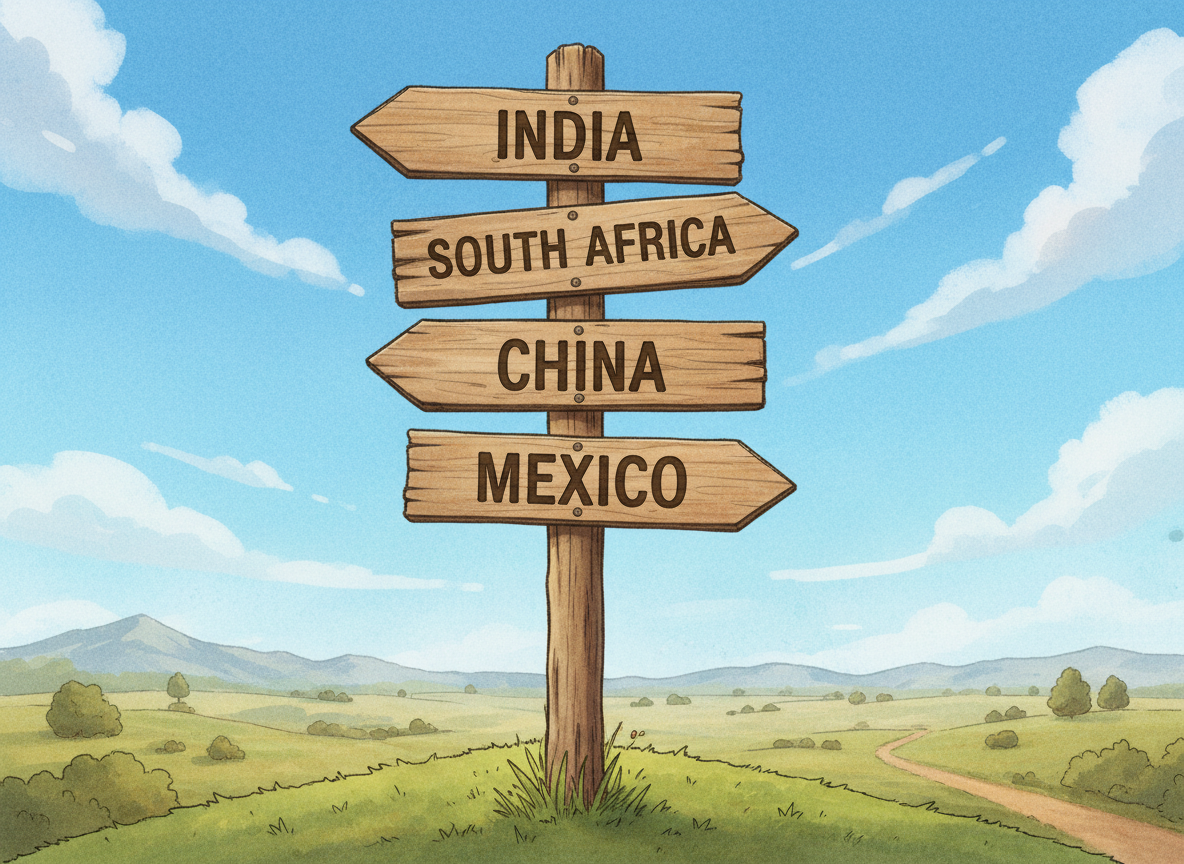 Pfahl mit Wegweisern in verschiedene Richtungen mit Beschriftung "India, South Africa, China, Mexico"