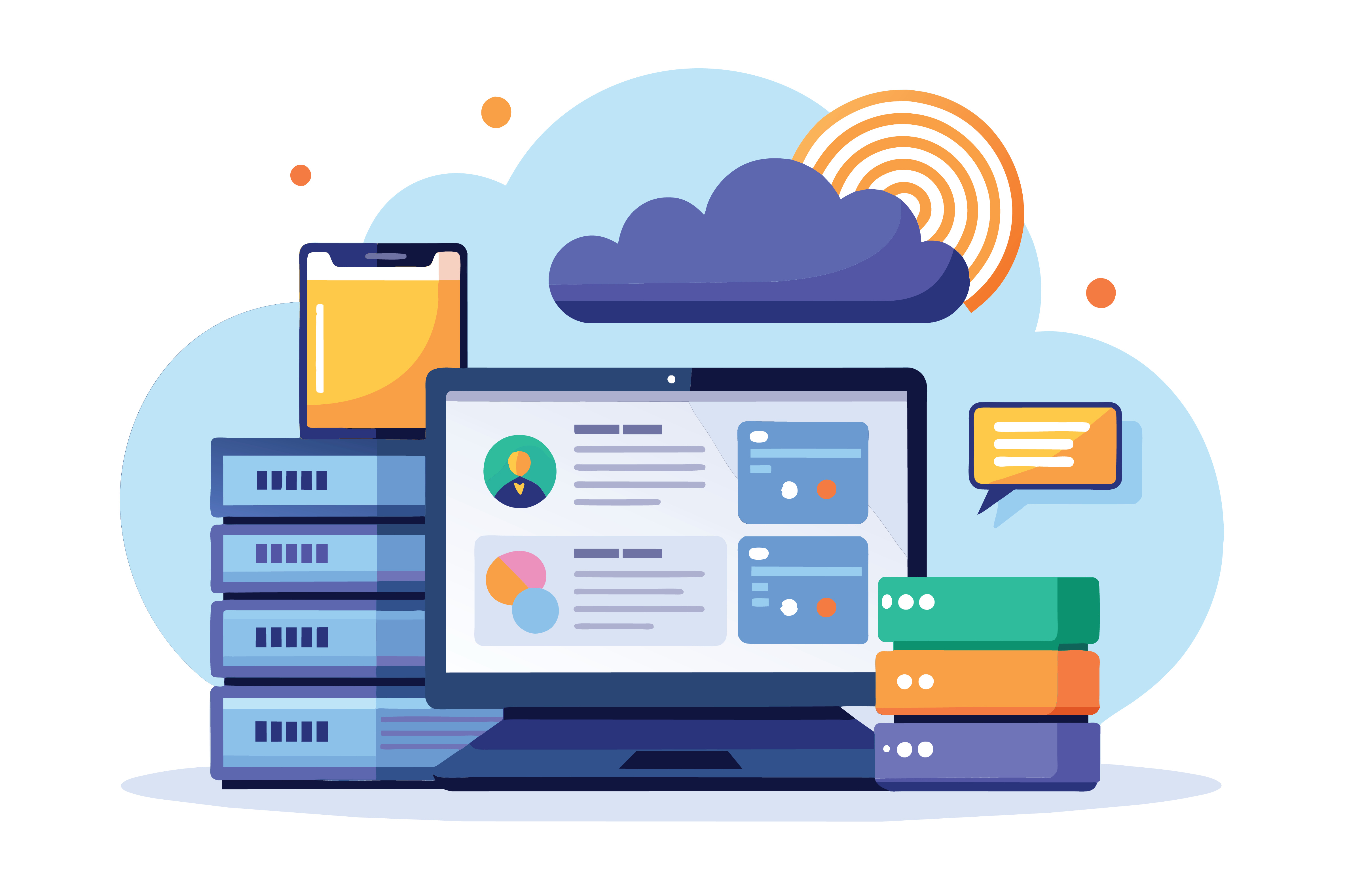 Symbolbild online-Ressourcen: Bildschirm mit Servern und Wolke daneben