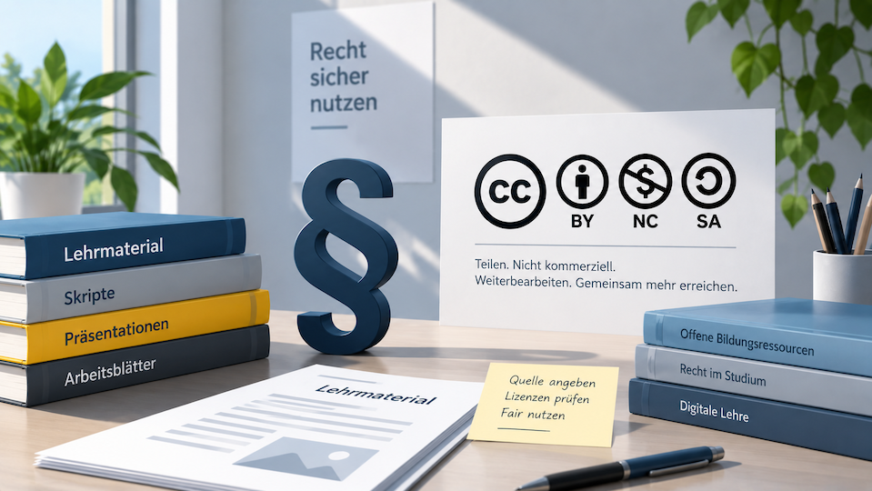 Lehrmaterialien mit Paragrafenzeichen und Symbolen einer Creative-Commons-Lizenz zur Darstellung von Urheber- und Nutzungsrechten. 
