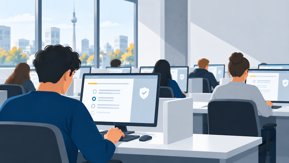 Studierende bearbeiten konzentriert digitale Prüfungen an mehreren Computerarbeitsplätzen. 