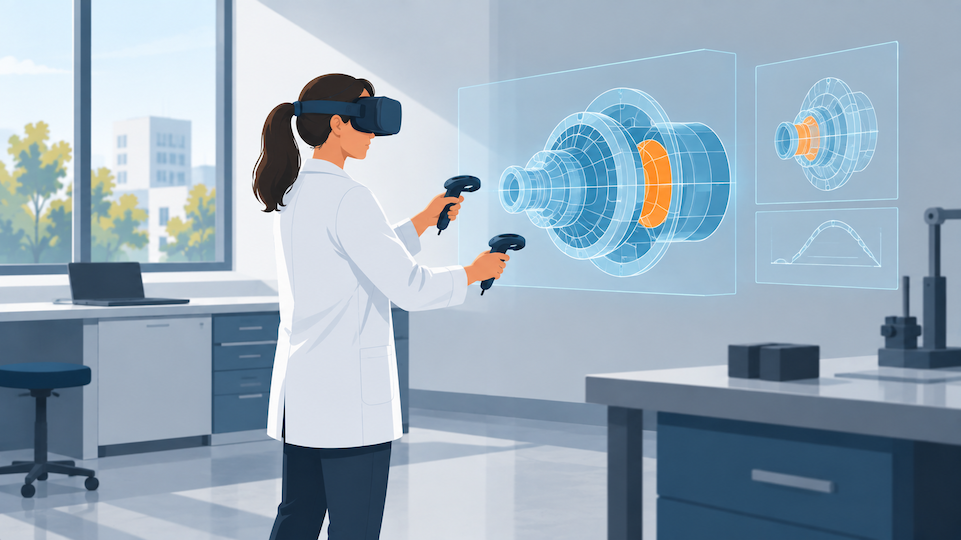 Studentin mit VR-Brille untersucht in einem technischen Labor ein virtuelles dreidimensionales Modell. 