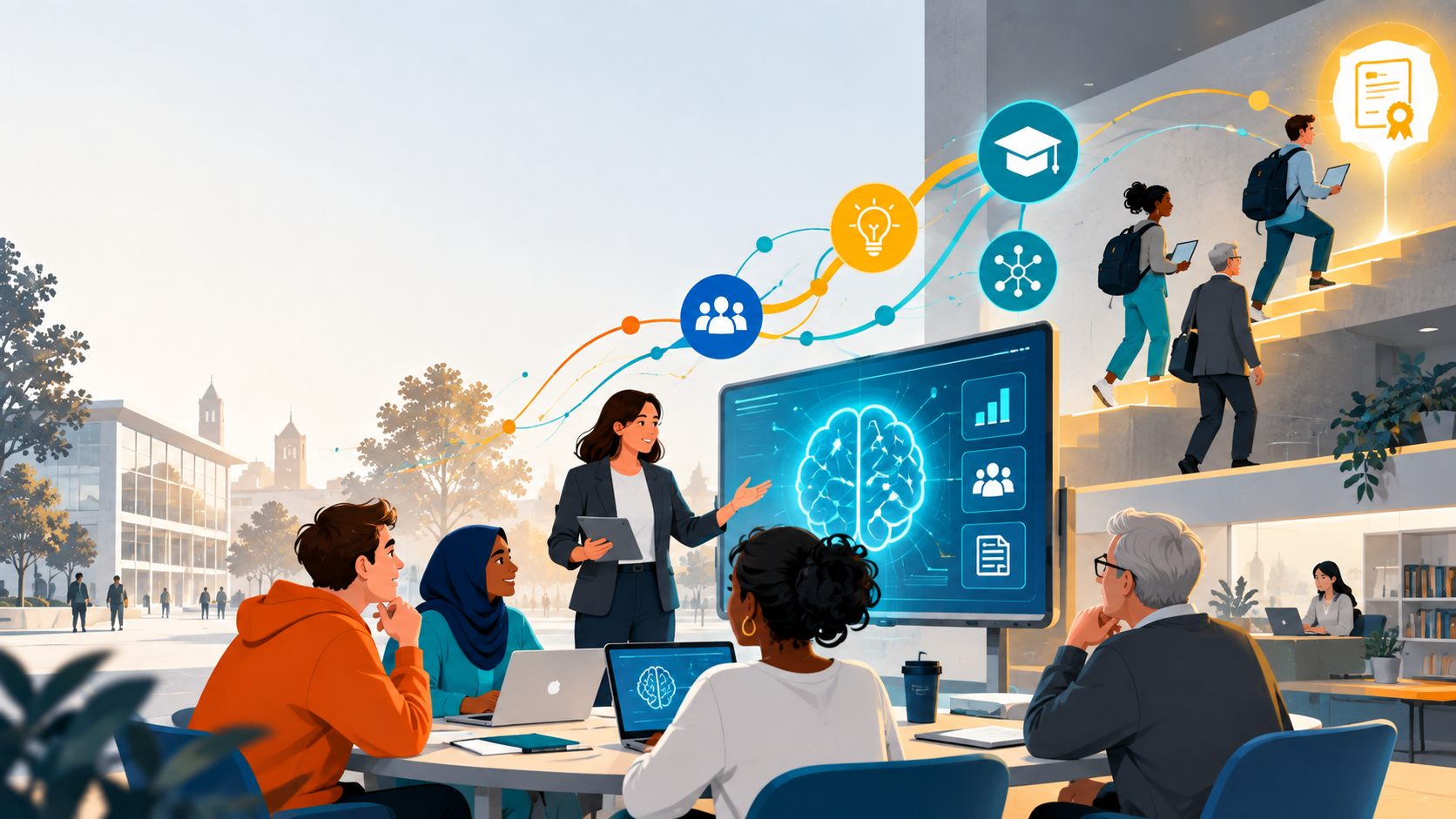 Studierende, Lehrende und Berufstätige lernen gemeinsam den Umgang mit KI; digitale Lernangebote und aufsteigende Stufen symbolisieren Weiterbildung und Kompetenzentwicklung.