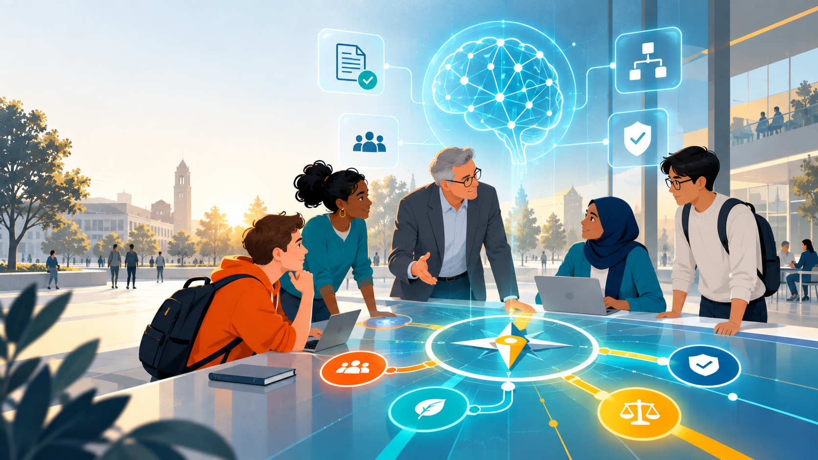 Studierende und Lehrende beraten gemeinsam über den verantwortungsvollen Einsatz von KI; ein digitaler Kompass und Symbole für Leitlinien geben Orientierung.