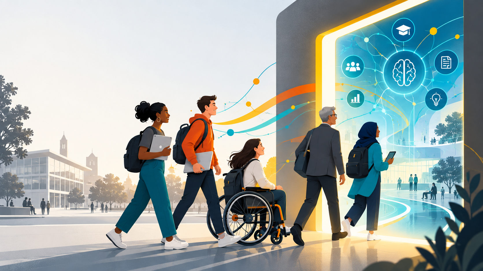 Studierende und Hochschulangehörige bewegen sich gemeinsam auf einen digitalen KI-Zugang zu, der verschiedene Lern- und Informationsangebote symbolisiert.