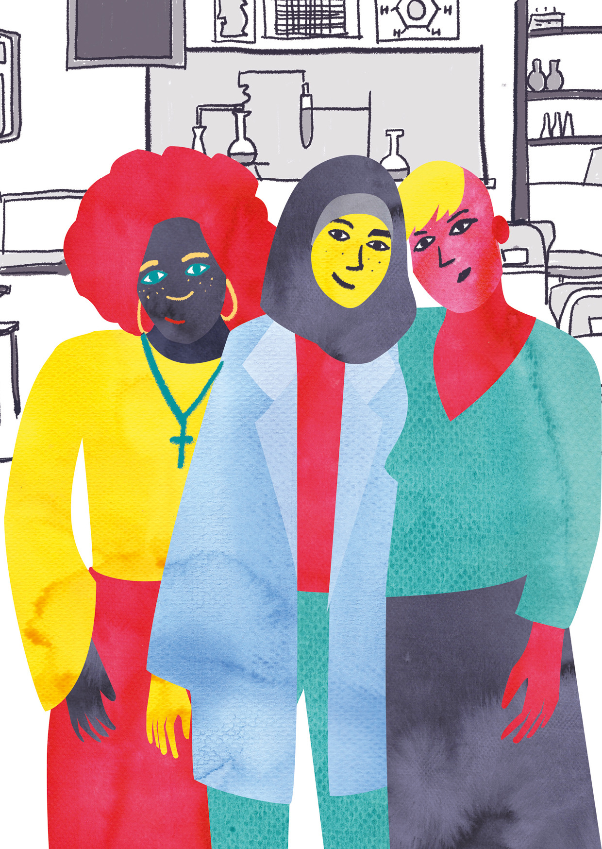 Drei Personen stehen gemeinsam und freundschaftlich in einem Labor. Die Person links trägt ein Kreuz um den Hals. Die Person in der Mitte trägt einen Laborkittel und ein Kopftuch. Die Person rechts trägt einen langen Rock und hat an der Seite abrasierte Haare. Im Hintergrund ist ein Labor zu sehen.