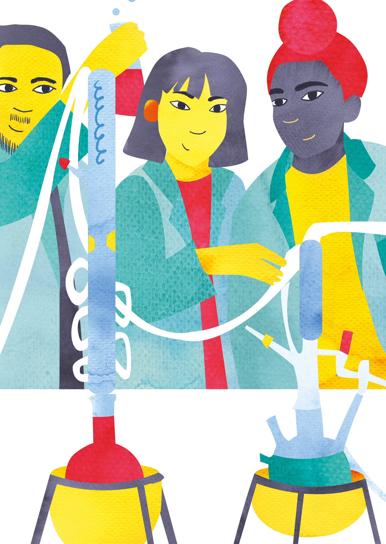 Drei Personen mit unterschiedlicher ethnischer Zugehörigkeit stehen zusammen in einem Labor. Im Vordergrund stehen verschiedene Laborgegenstände.