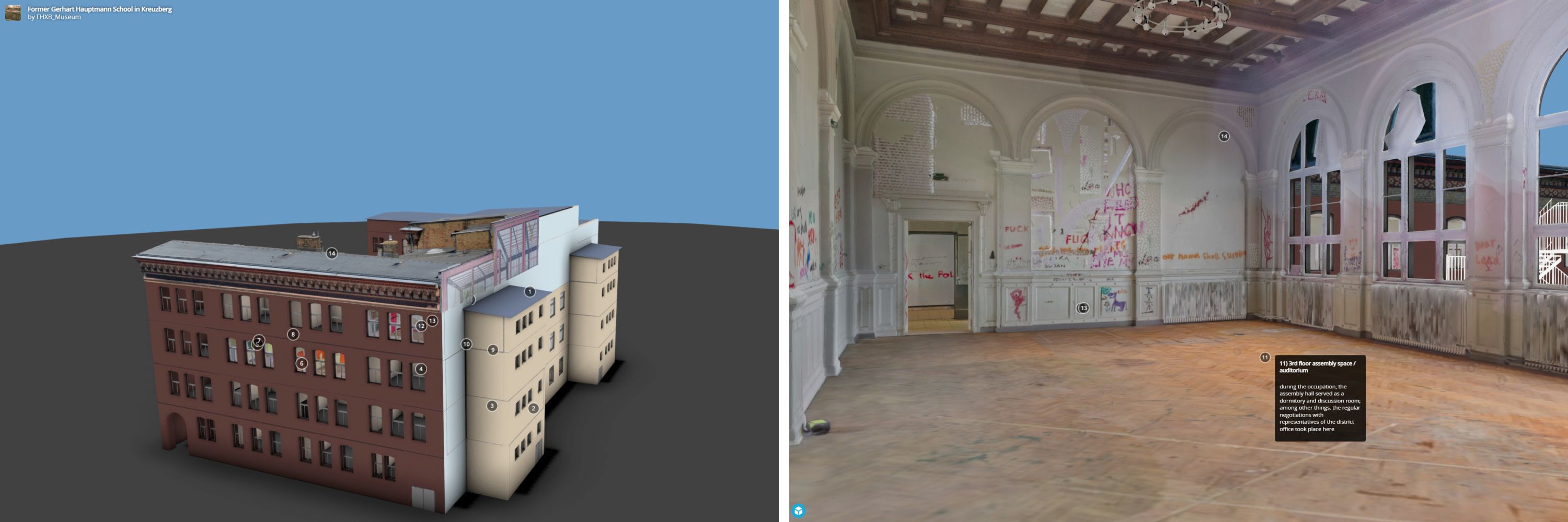 Screenshots eines 3D-Gebäudemodells. Links die Backsteinfassade des Gebäudes als ganzes, rechts die Innenansicht eines Saals mit hohen Decken, Stuckelementen, großen Fenstern und Parkett. An den Wänden sind Malereien und Graffitis zu sehen.