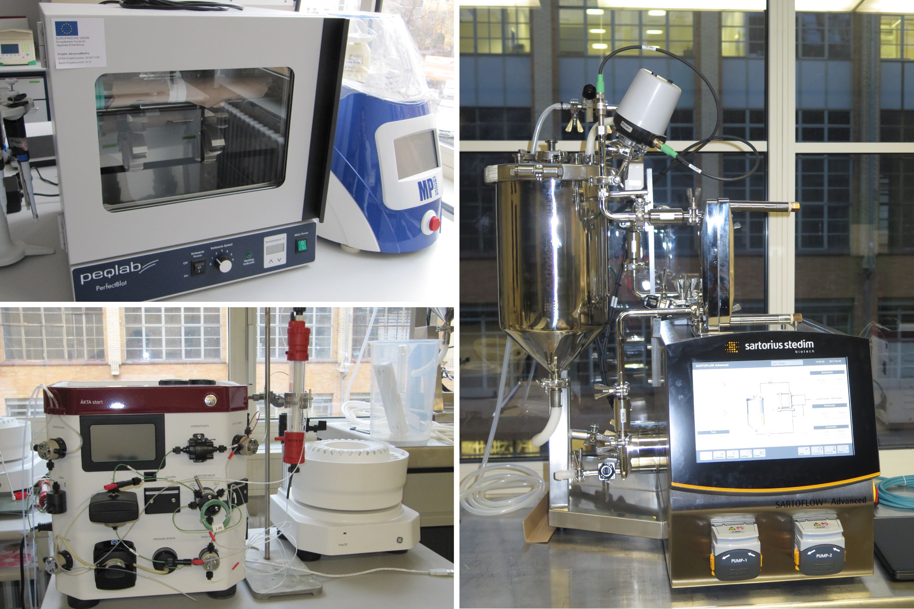Drei Fotos von Laborgeräten. Alle Geräte verfügen über digitale Anzeigen, Kammern und Schlauchsysteme.