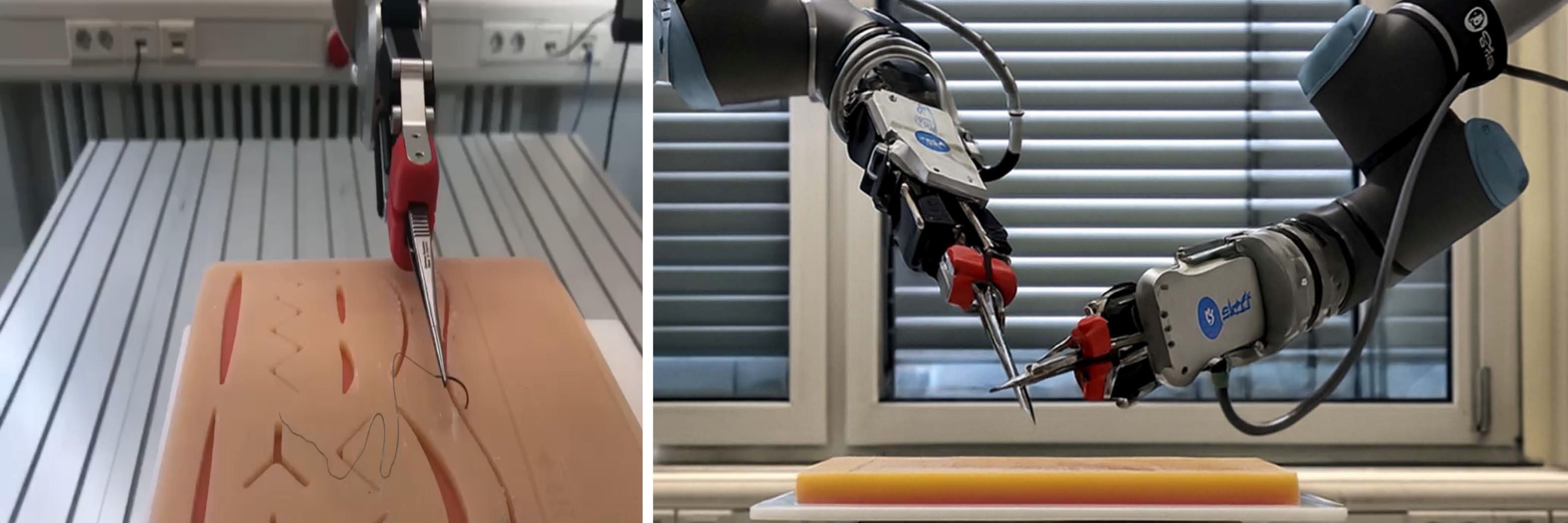 Links: Ein Roboterarm hält eine Nadel samt Faden in einem Greifer fest, darunter ein Silkonmodell. Rechts:  Zwei Roboterarme mit kleinen Greifern am jeweiligen Ende, darunter ein Tisch, auf dem ein Silikonmodell liegt.