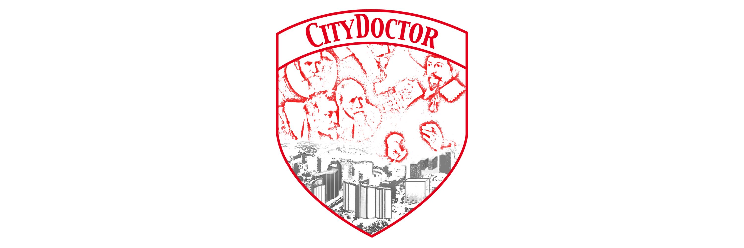 Logo in Form eines Wappens: Oben steht "CityDoctor" in roten Buchstaben, darunter rote Linienzeichnungen von Männern mit großen Kragen und eine Schwarz-Weiß-Zeichnung einer Stadt aus der Vogelperspektive.
