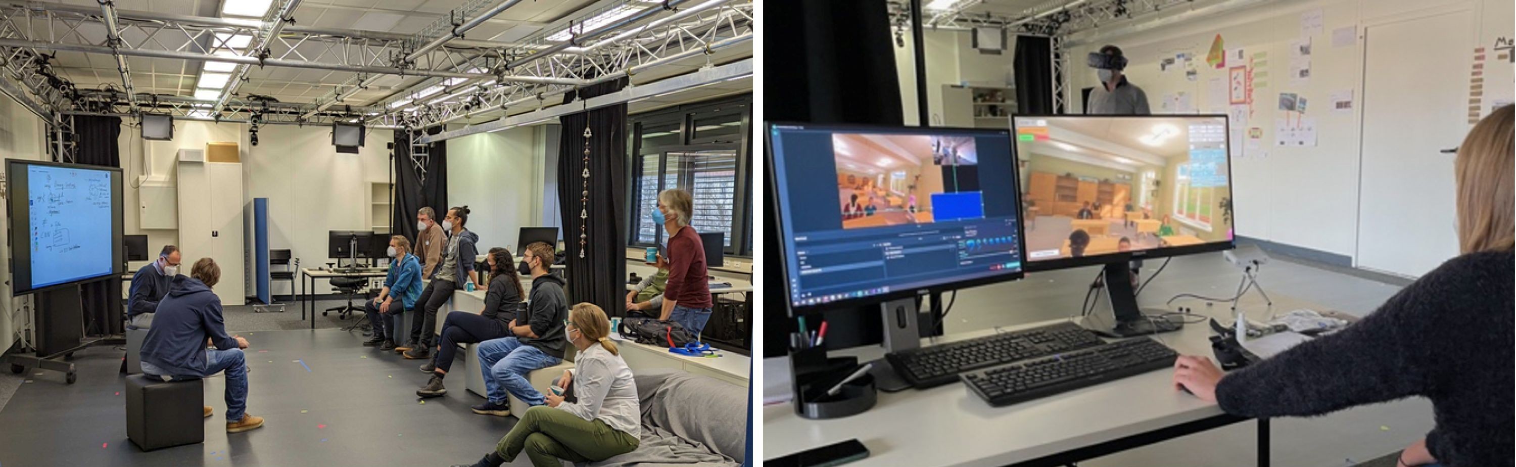 Zwei Fotos. Links: In einem großen Raum sitzen zwei Personen vor einem Whiteboard auf Hockern, ihnen gegenüber sitzen acht zuhörende Personen. An der Decke des Raums sin Traversen angebracht, an denen viele kleine Kameras und zwei Scheinwerfer hängen. Im hinteren Teil des Raumes stehen mehrere Schreibtische mit Bildschirmen. Das Bild rechts zeigt den Blick von einem dieser Schreibtische in den Raum; eine Person mit VR-Brille steht in der Mitte. Auf den Bildschirmen auf dem Schreibtisch ist eine Klassenzimmersituation zu sehen.