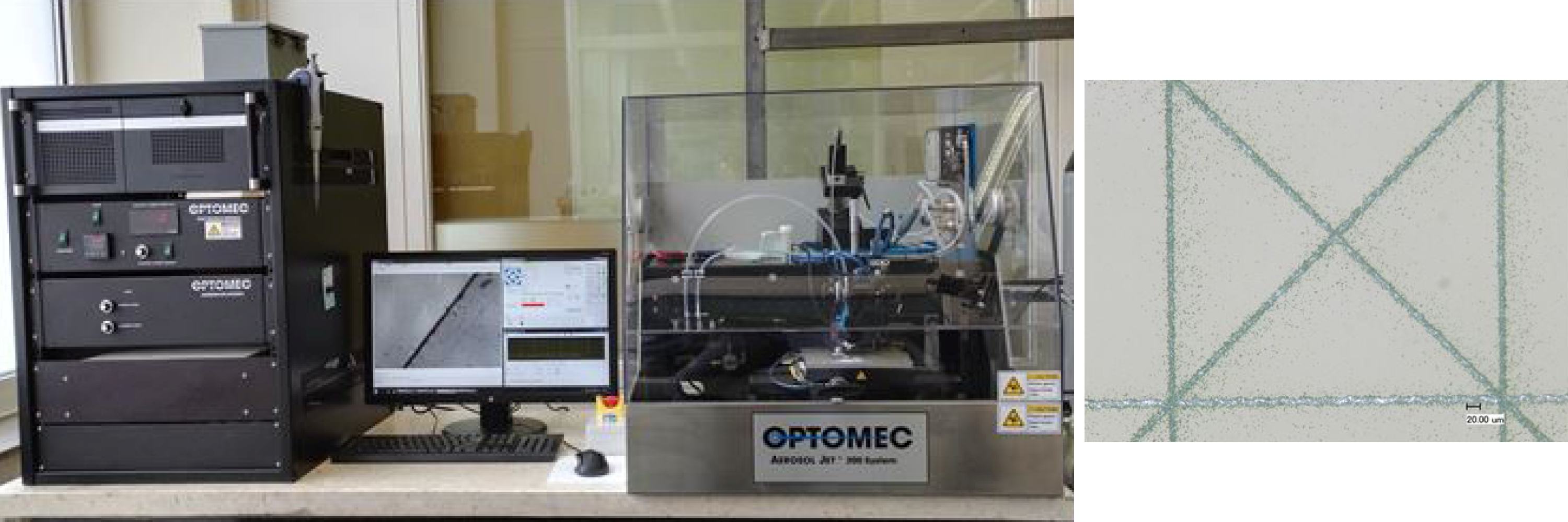 Links: Ein 3D-Drucker steht neben einem Computer auf einem Schreibtisch. Rechts: Gedruckte Leiterbahnen.