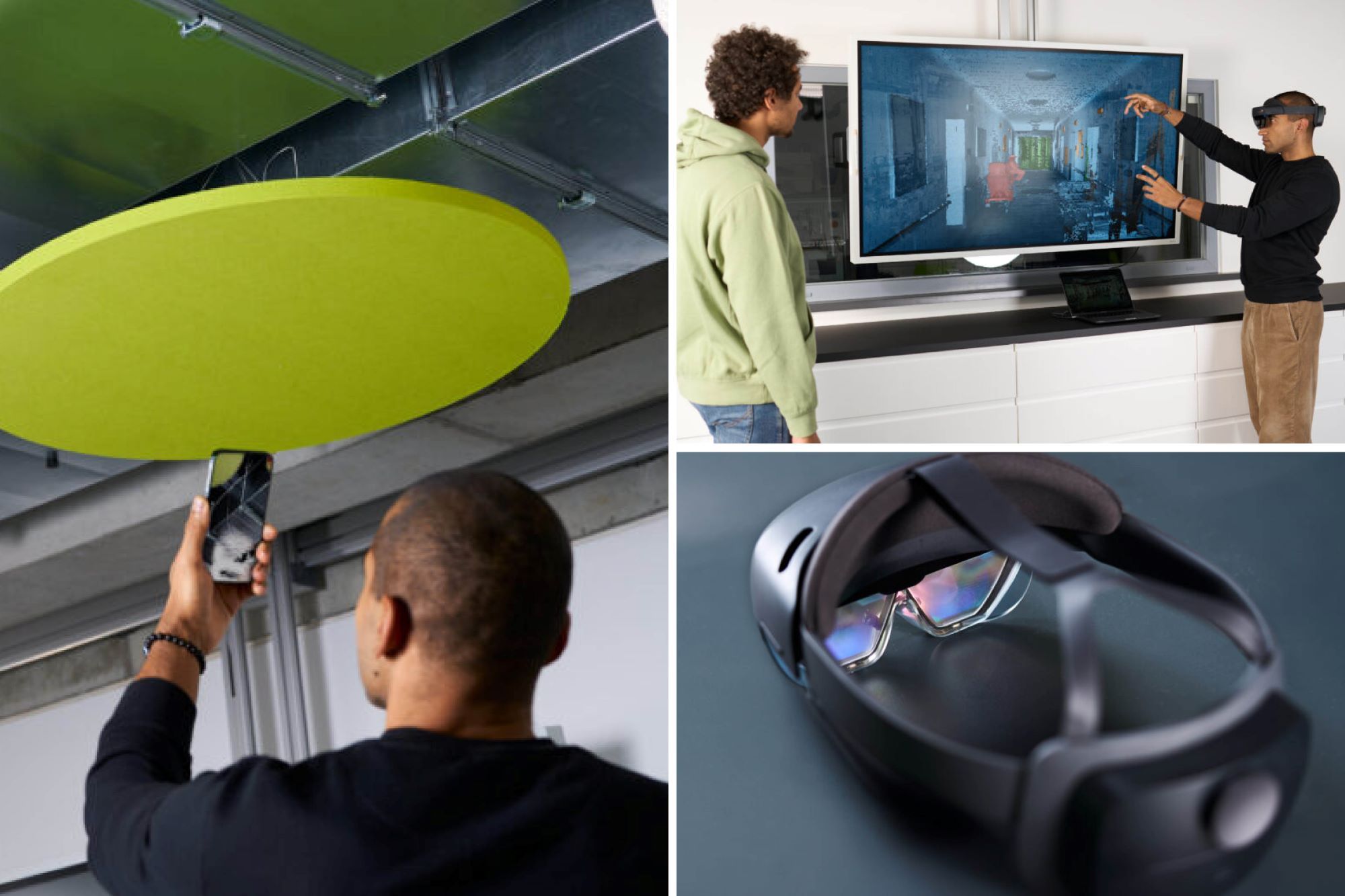 LiDAR2BIM Drei Fotos: Links: Eine Person hält ein Smartphone hpch, auf dem Bildschirm ist die Umgebung als Modell zu sehen. Rechts oben: Zwei Menschen vor einem großen Bildschirm, auf dem ein Modell eines Raums zu sehen ist. Einer der Menschen trägt eine VR-Brille. Rechts unten: Eine VR-Brille.