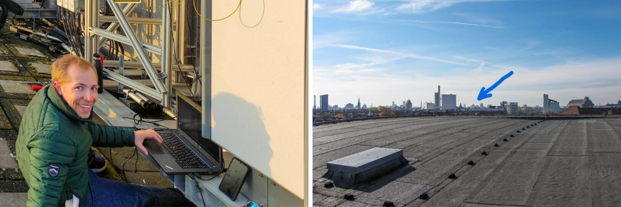 RobSpeedFSO Zwei Fotos: Links: Ein Mensch sitzt auf einem Dach und arbeitet am Laptop. Rechts: Blick von einem Dach über Berlin. Auf dem Foto ist ein blauer Pfeil eingezeichnet.