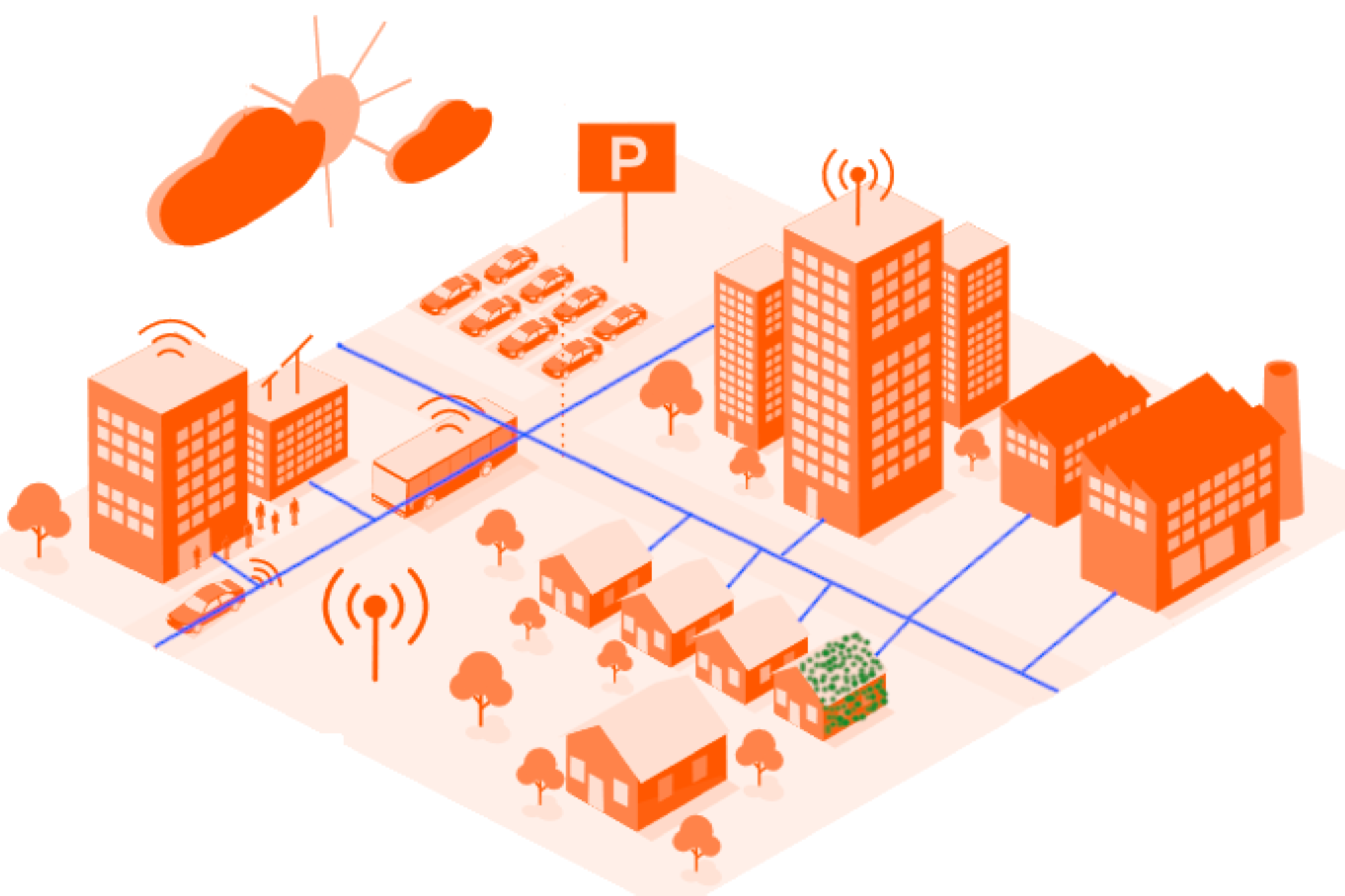 UDigiT-Doctor  Grafik: Rechteckige Fläche, die den Teil einer Stadt abbildet. Zu sehen sind Büro- und Fabrikgebäude, Wohnhäuser, Bäume, ein Parkplatz mit Autos, eine Straße mit einem Bus und einem Auto und darüber zwei Wolken, hinter denen die Sonne zu sehen ist.