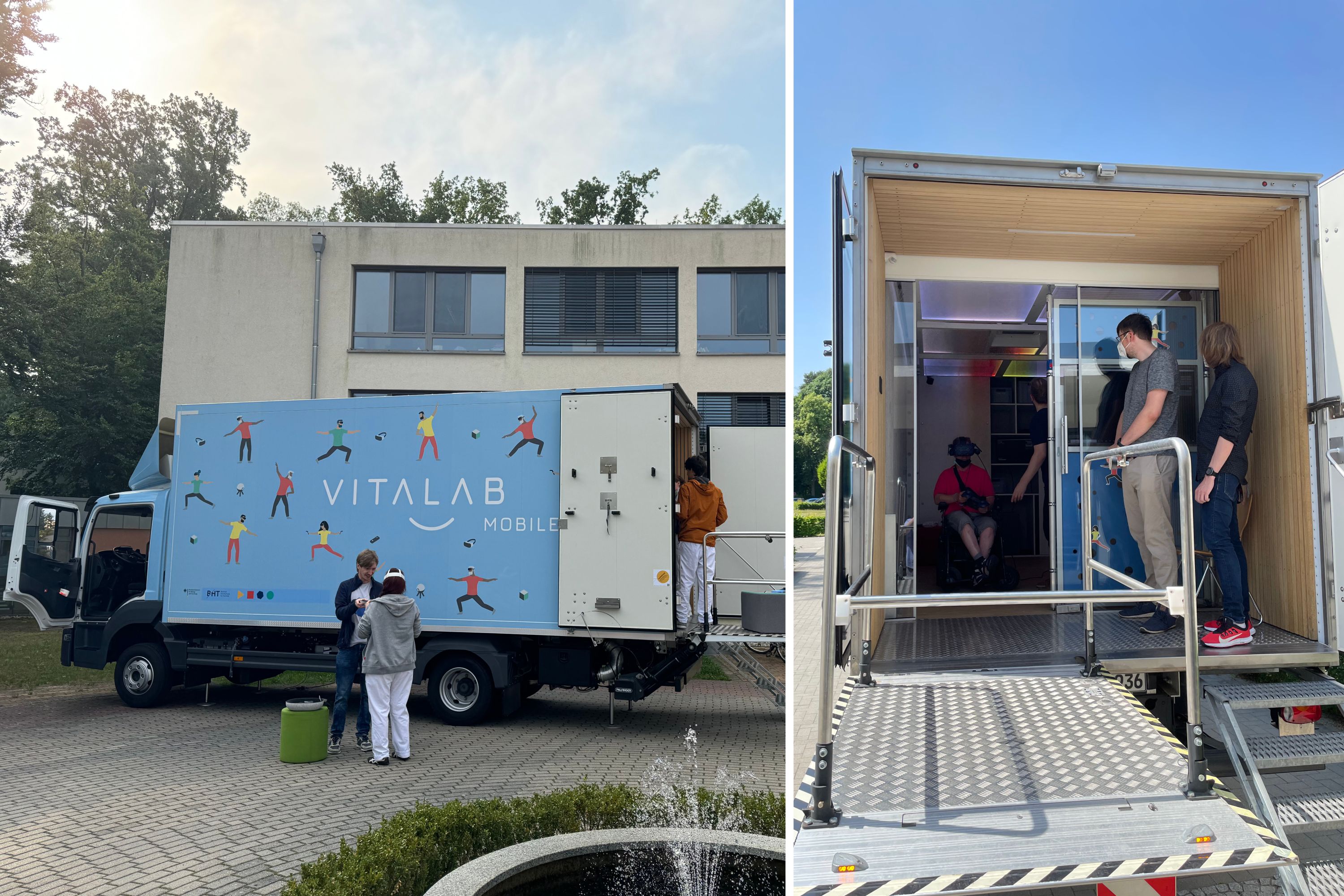 Zwei Fotos. Links die Seitenansicht eines LKW, auf dem die Worte "Vitalab mobile" und Zeichnungen von Menschen in stehenden Yoga-Posen zu sehen sind. Der LKW parkt vor einem zweistöckigen Gebäude. Um ihn herum sind drei Personen zu sehen. Rechts ein Foto vom Inneren des LWK, durch eine Glastür hindurch: Er ist mit Holz verkleidet. Eine Person sitzt auf einem Stuhl und trägt eine VR-Brille. Sie wird von einer weiteren Person angeleitet. Vor der Glastür stehen zwei weitere Personen. 