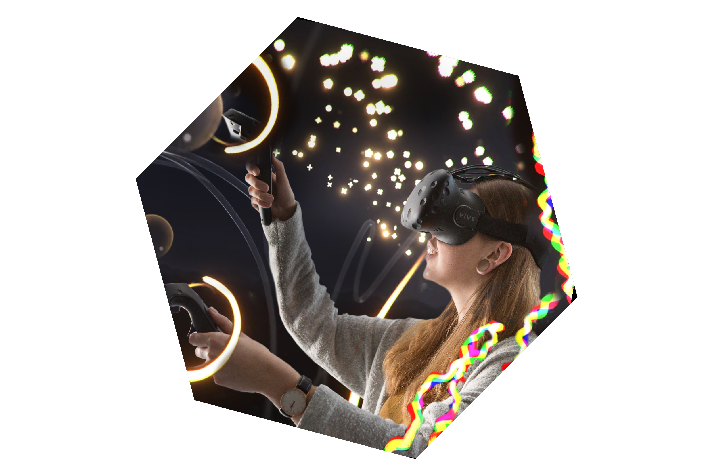 Eine Person trägt eine VR-Brille und hält in beiden Händen Controller in die Luft. Um sie herum sind Seifenblasen, Luftschlangen und Funken.