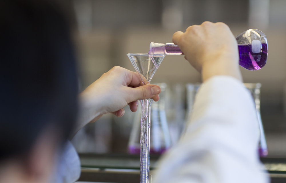 Eine Person schüttet eine lila Flüssigkeit aus einem Erlenmeyerkolben in einen gläsernen Trichter.