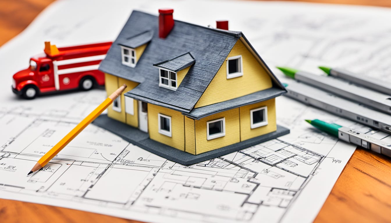 A toy house on blueprints