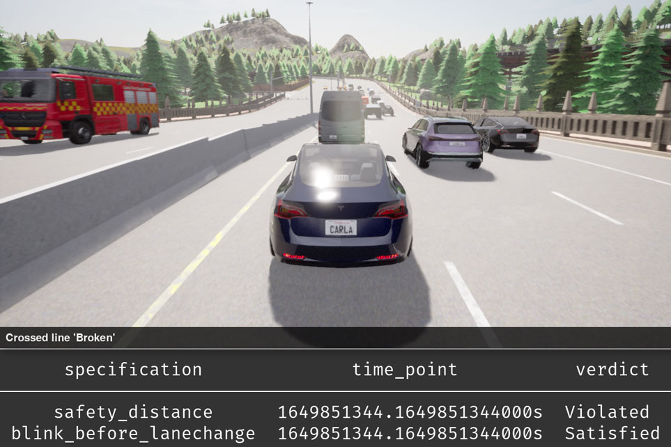 In der Simulation ist das Auto auf einem Highway unterwegs. Die Kontrollsoftware zeigt an, dass der Sicherheitsabstand verletzt wird. 