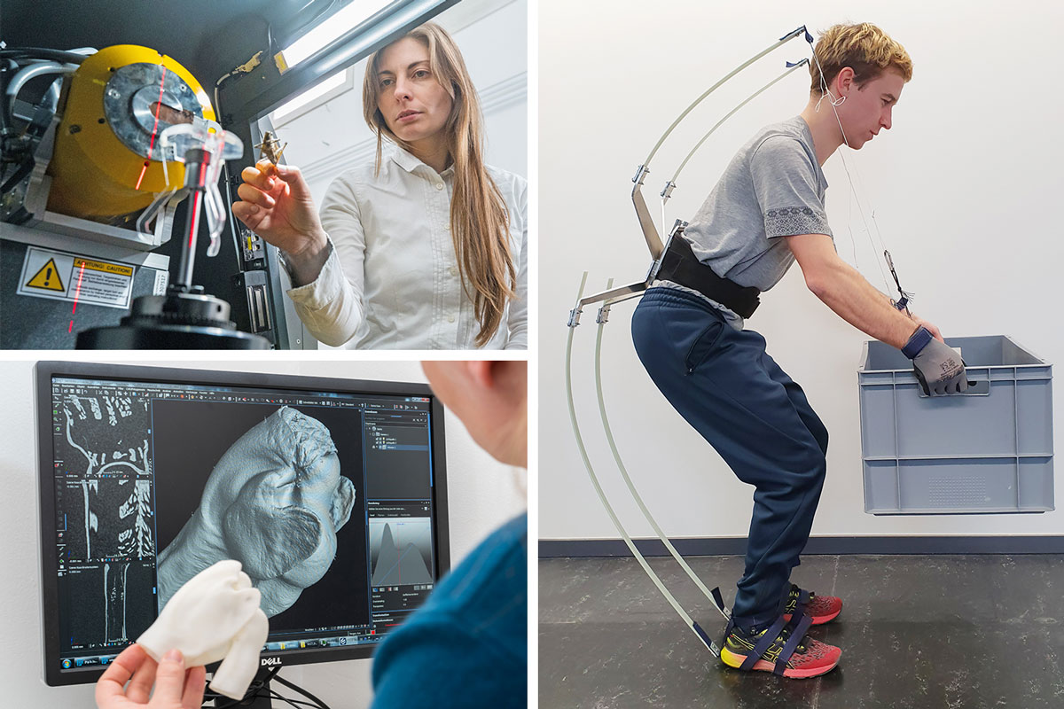 Janine Kupfernagel (links oben) geht den energiegeladenen Sprüngen der Heuschrecke auf den Grund. Mit dem Computertomograpen wird das Heuschreckengelenk sichtbar (l. u.). Fertig sind bereits erste Prototypen für das Exoskelett (r.).