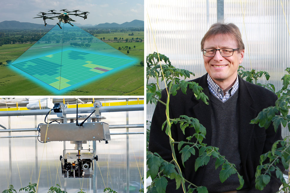 Mit einer Drohne sollen Nutzpflanzen aus der Luft untersucht werden (oben links, Symbolbild). Im Projekt PlantSens II kommt dafür ein Kamerasystem zum Einsatz, das im Vorgängerprojekt noch an einem Schienensystem hängte (u. l.). Prof. Dr. Markus Richter leitet das Forschungsprojekt. 