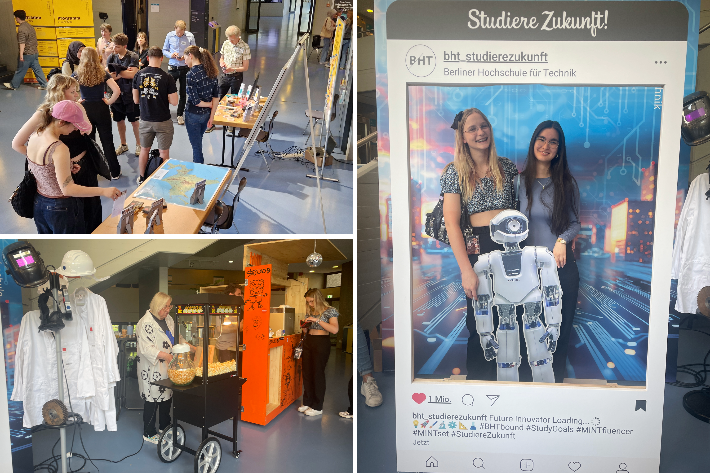 Collage: Besucher*innen des Infotages an einem Info-Stand, Popcorn- und Kaffee-Stand, zwei Schülerinnen posieren vor einer Fotowand