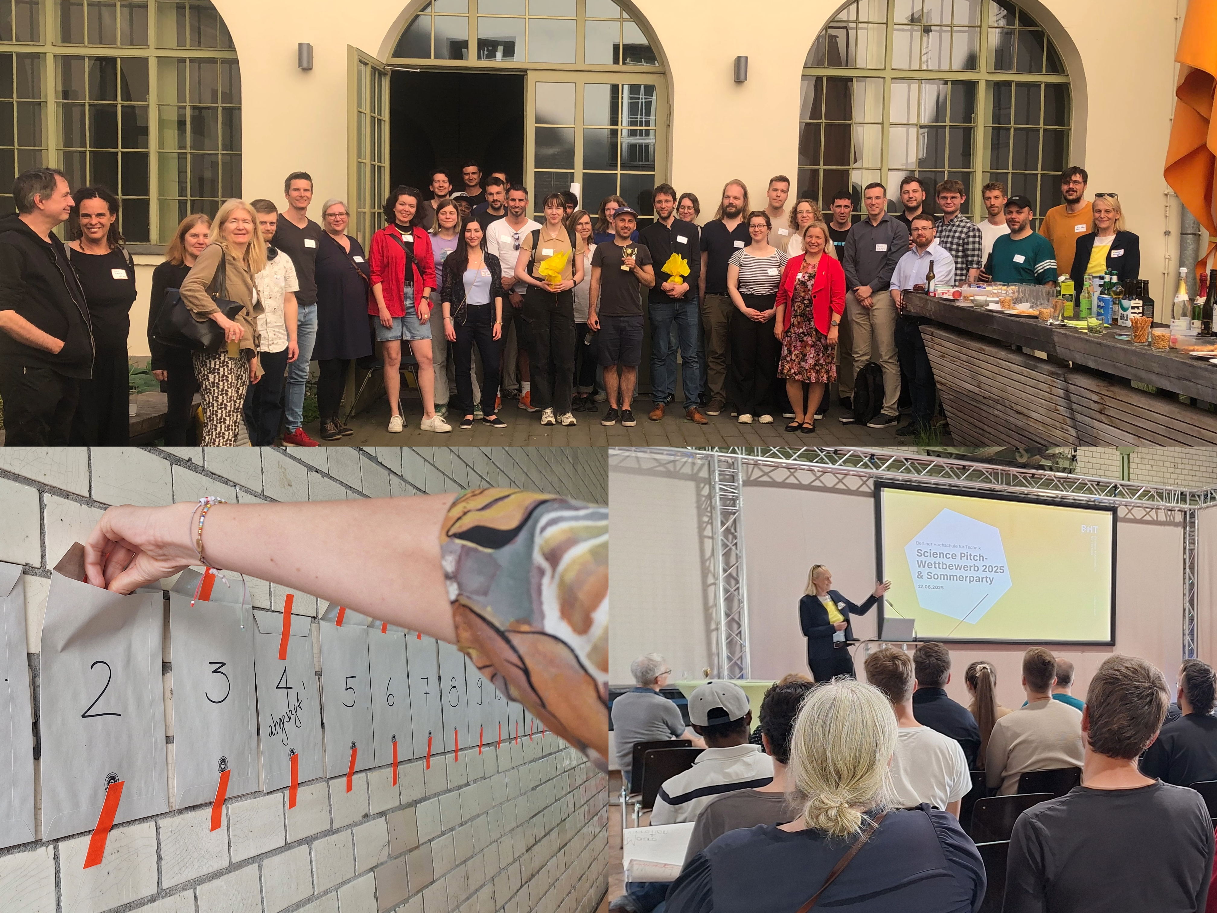 Collage: Gruppenbild Sommerfest, Umschläge zur Abstimmung über besten Pitch, Gruppe von Menschen vor einer Bühne, auf der eine Frau eine Präsentation zeigt