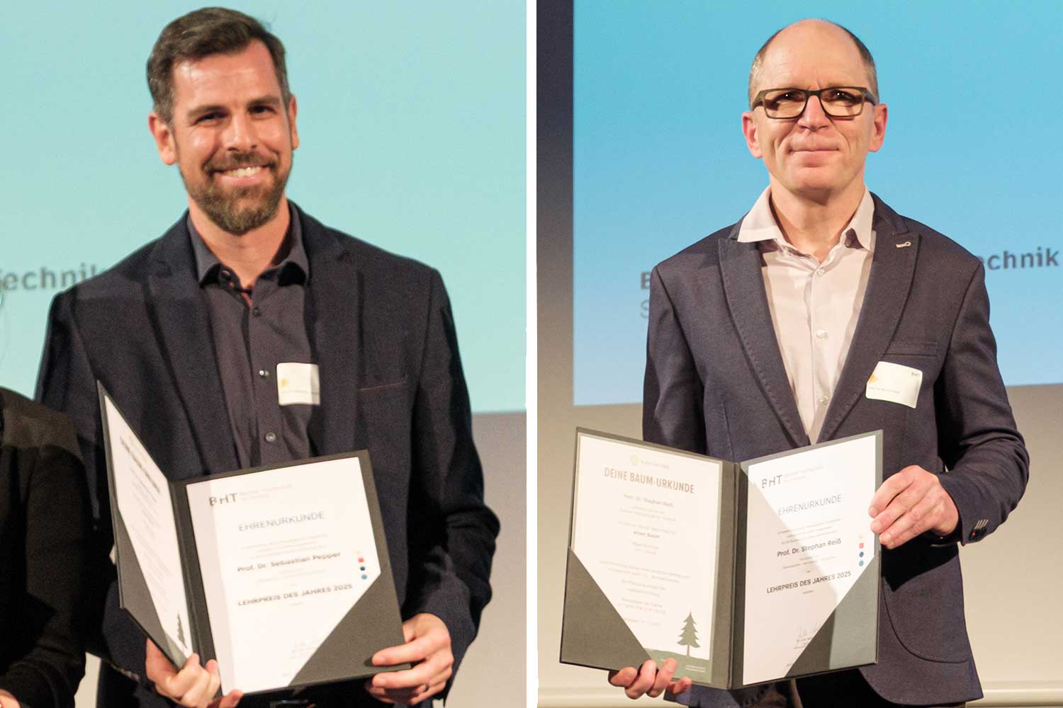 Prof. Dr. Sebastian Pepper und Prof. Dr. Stephan Reiß mit Urkunden in den Händen