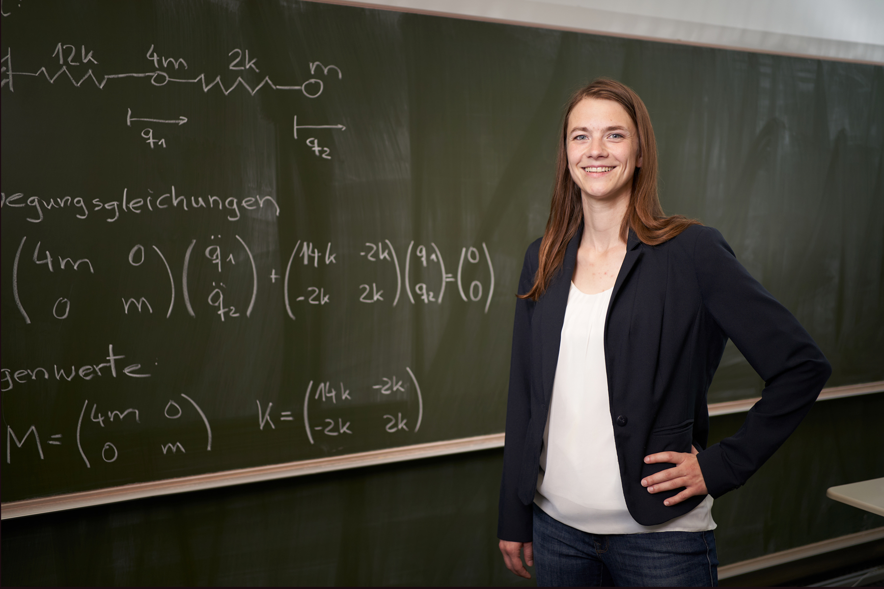 Frau steht vor einer Tafel mit mathematischen Gleichungen