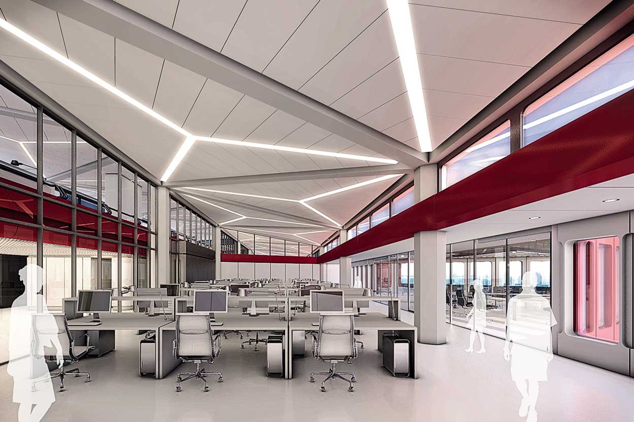 Entwurf eines Foyer-artigen Raumes, in dem sich Büroarbeitsplätze befinden