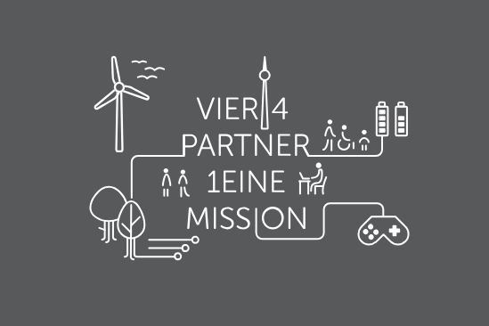 Windrad, Bäumen, Controller, Gebäuden, Menschen und dem Berliner Fernsehturm bilden ein Netzwerk, Text: Vier Partner, eine Mission 