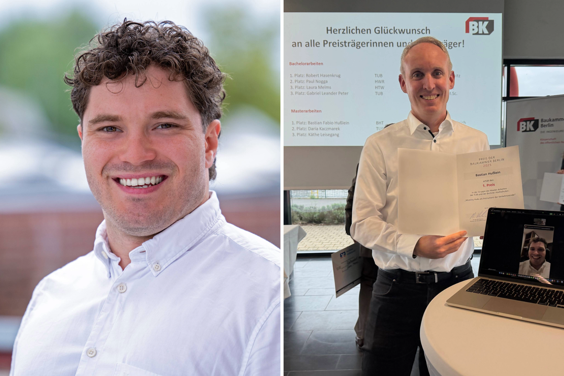 Links Porträt von Bastian Hußlein, rechts hält Johannes Schlaich eine Urkunde in den Händen, vor ihm steht ein Laptop, auf dessen Bildschirm Bastian Hußlein im Videocall zugeschaltet ist 