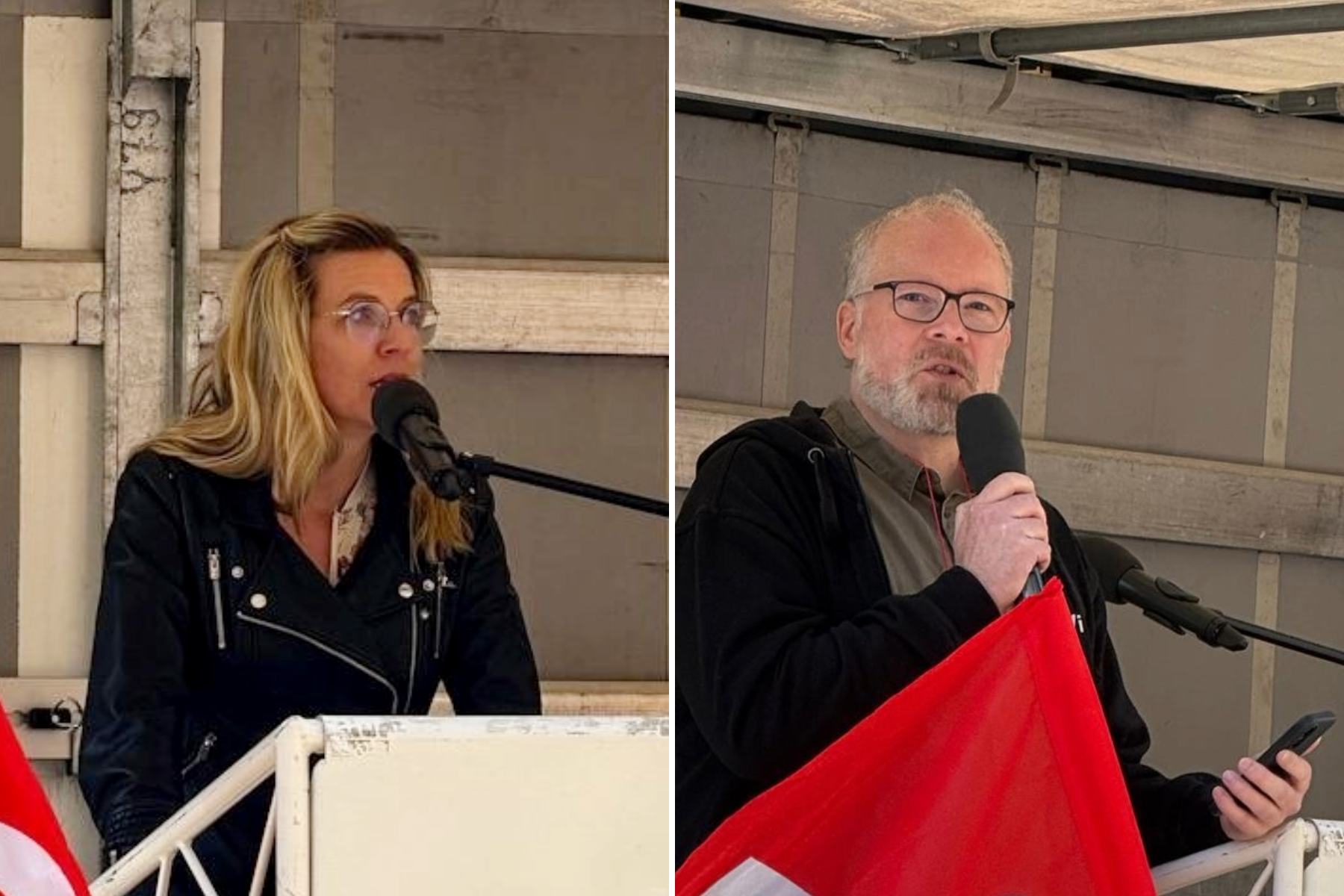 Eine Frau und ein Mann sprechen auf einer improvisierten Bühne in ein Mikrofon