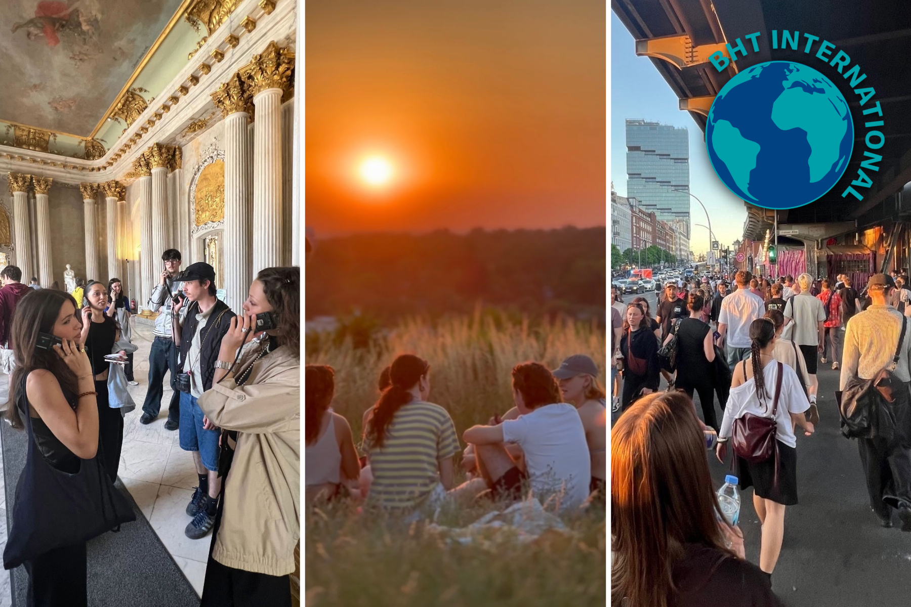 Collage: Junge Menschen mit Audioguides in einem Museum, Sitzkreis junger Menschen auf einer Wiese im Sonnenuntergang, Menschen laufen unter einer S-Bahn-Bücke eine vielbefahrenen Straße in Berlin
