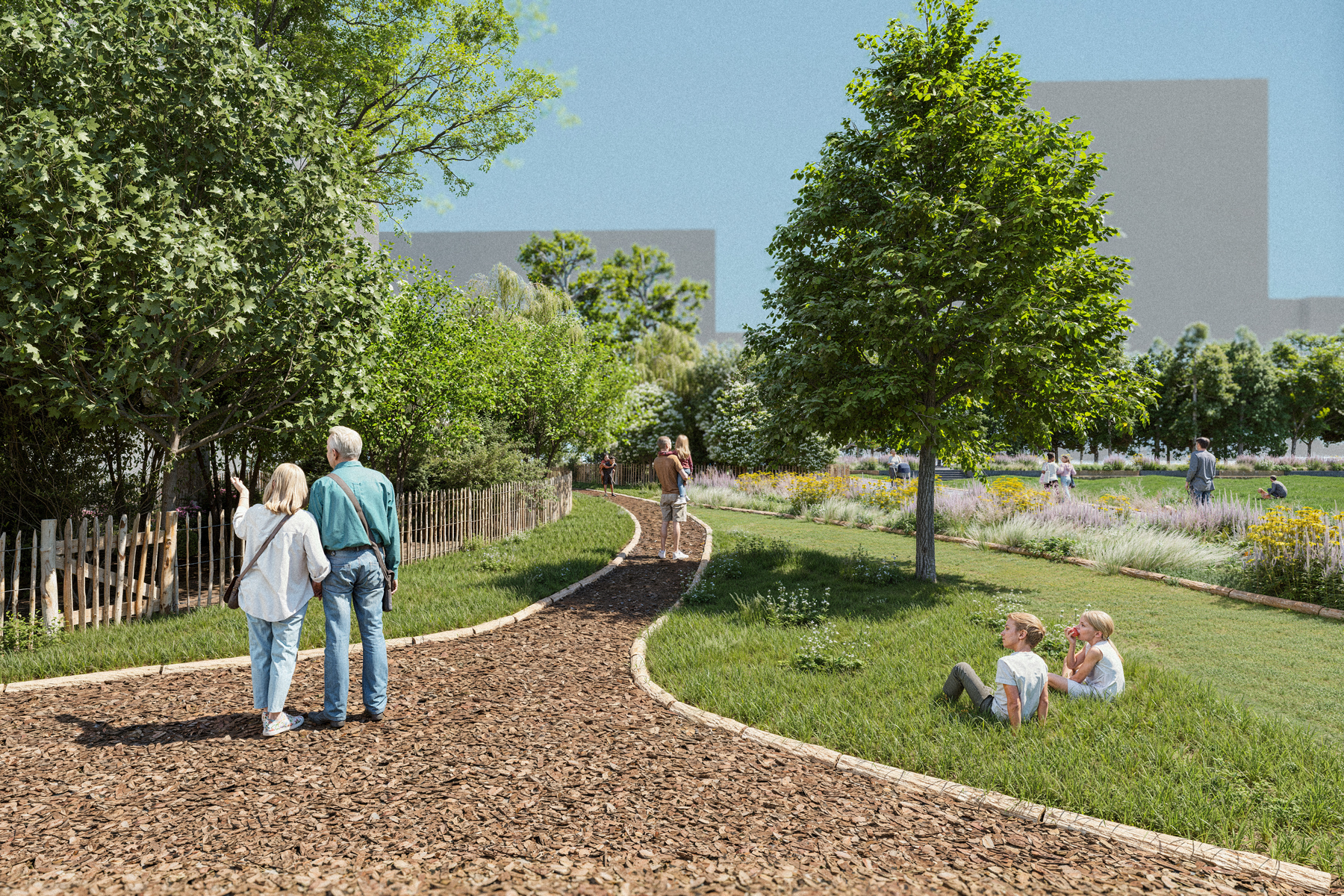 Illustration eines Platzes mit Grünflächen, Laubbäumen hinter einem Staketenzaun, Staudenbeeten und einem zentralen Weg aus Rindenmulch