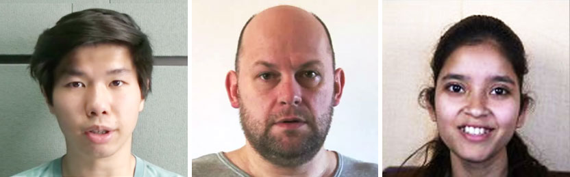 Porträts dreier Menschen mit unterschiedlichen Gesichtsausdrücken: Überraschung, Neutralität und Verführung