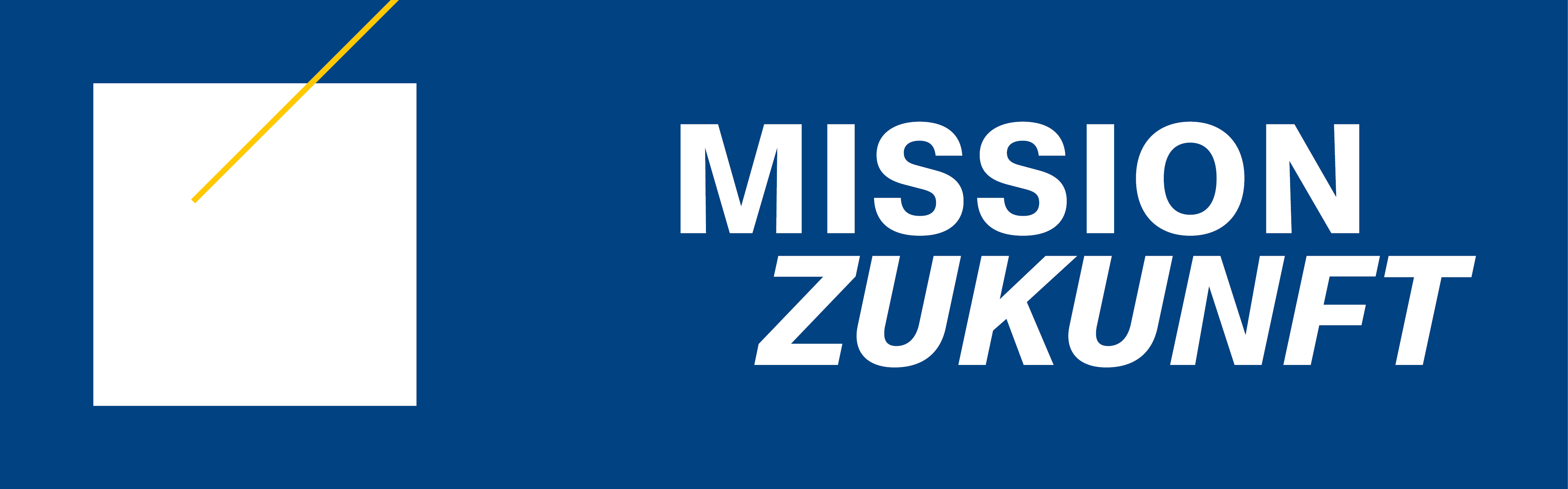 Weißes Quadrat auf blauem Grund, aus dem eine gelbe Linie nach schräg oben recht führt. Text: Mission Zukunft