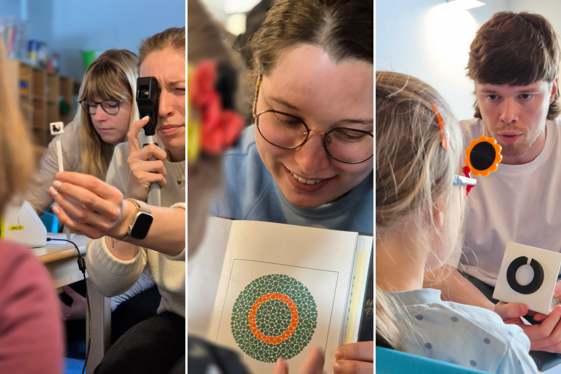 Junge Menschen zeigen Kindern verschiedene Gegenstände und Bildkarten, um Sehkraft und Augengesundheit zu beurteilen (Collage)