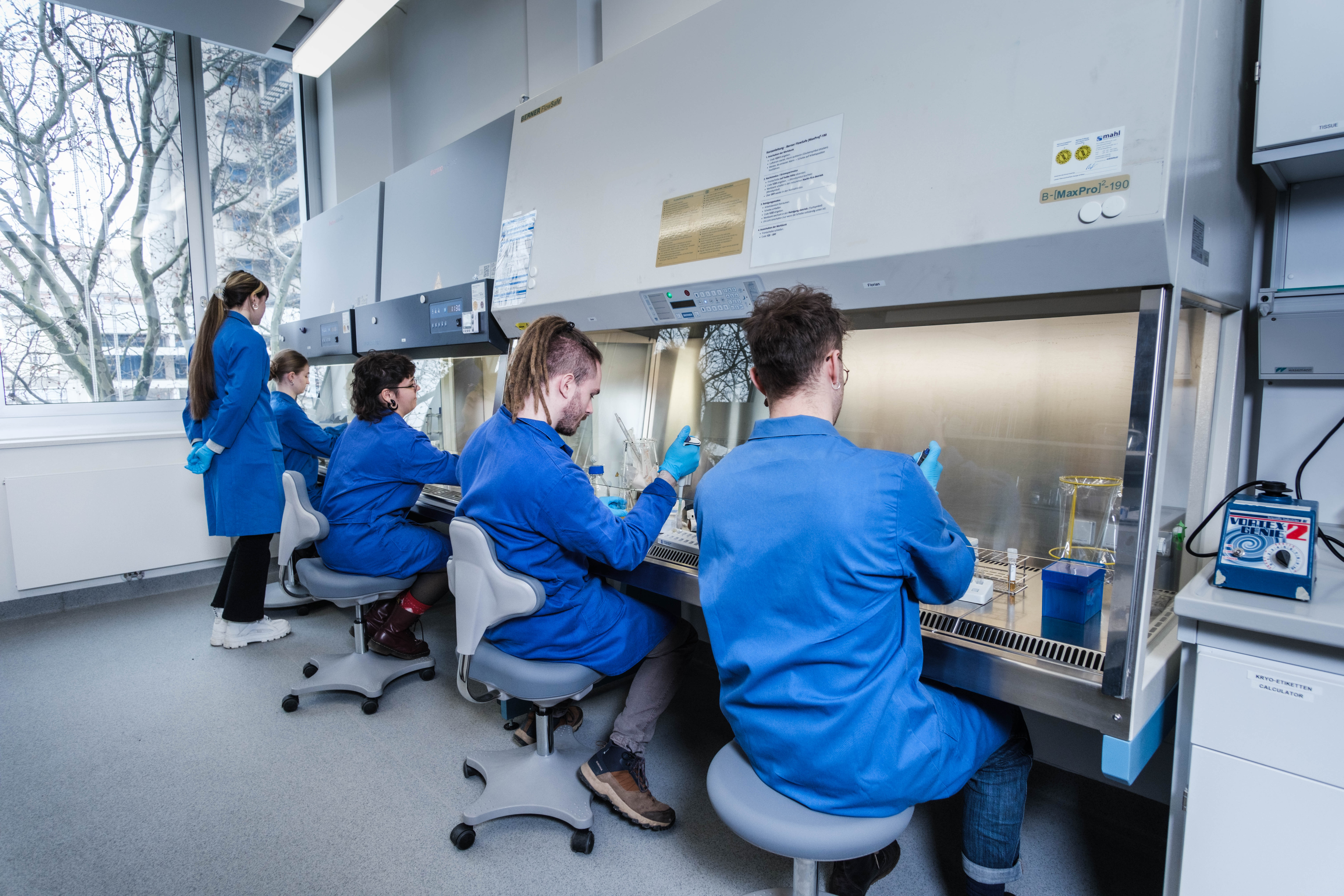 Vier junge Personen in blauen Kitteln und mit Schutzhandschuhen im Biotechnologie-Labor an modernen Arbeitsplätzen, eine weitere Person in Kittel sieht stehen zu