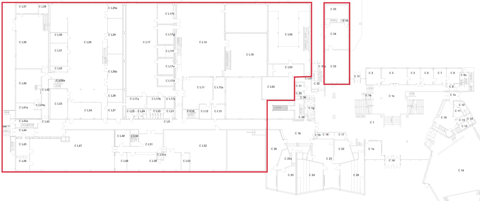 Geschossplan des Gebäudes Haus C (Grashof), Bereich mit festgestellten Schadstoffen rot markiert