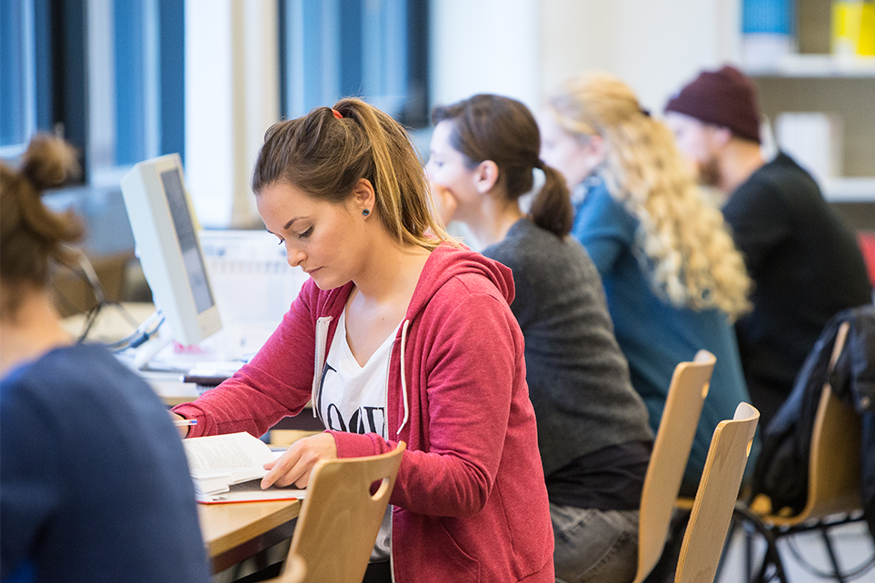 Studierende sitzen lernend in der Bibliothek